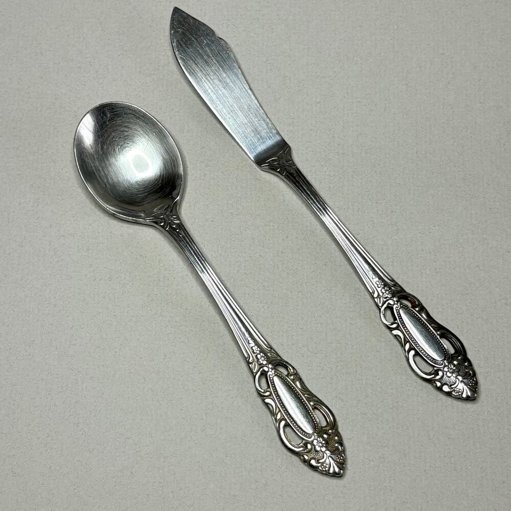 United Silver Co Artistic Rose Butter Knife and Sugar Spoon Stainless Flatware